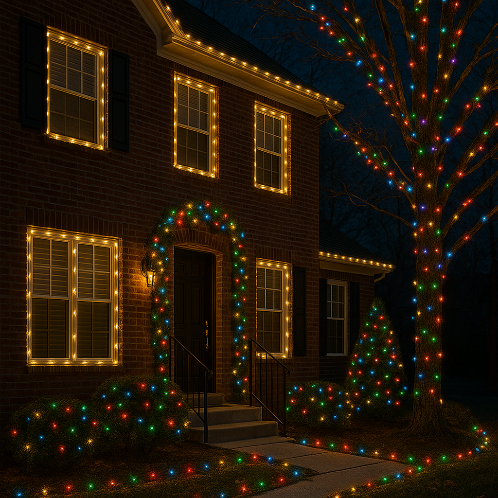Tree and walkway wrapped in holiday lights.