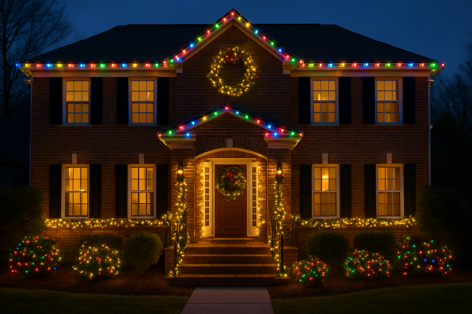 Holiday lights framing the entryway and landscaping of a New Jersey home.